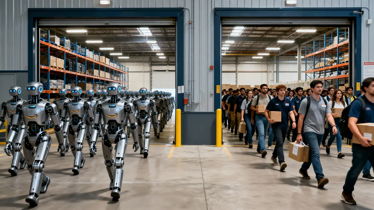 Amazon Mitarbeiter verlassen die Halle und werden ersetzt von Robotern